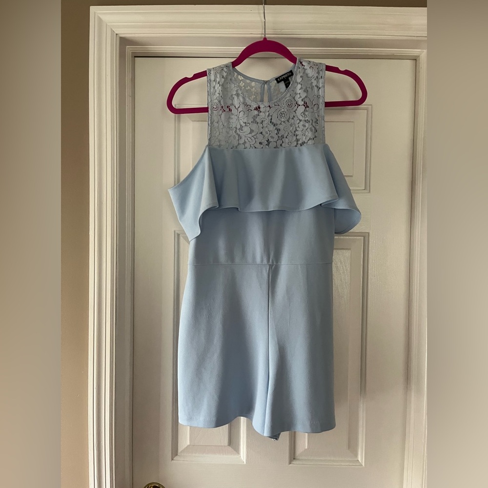 Express Light Blue Lace Overlay Romper